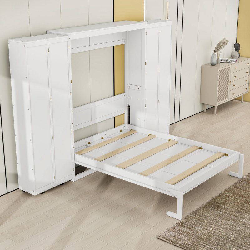 Grand lit escamotable mural avec deux armoires pliables, Blanc