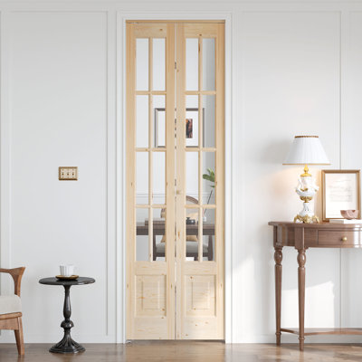 Porte pliante 8 carreaux en verre et bois massif avec trousse de quincaillerie d'installation