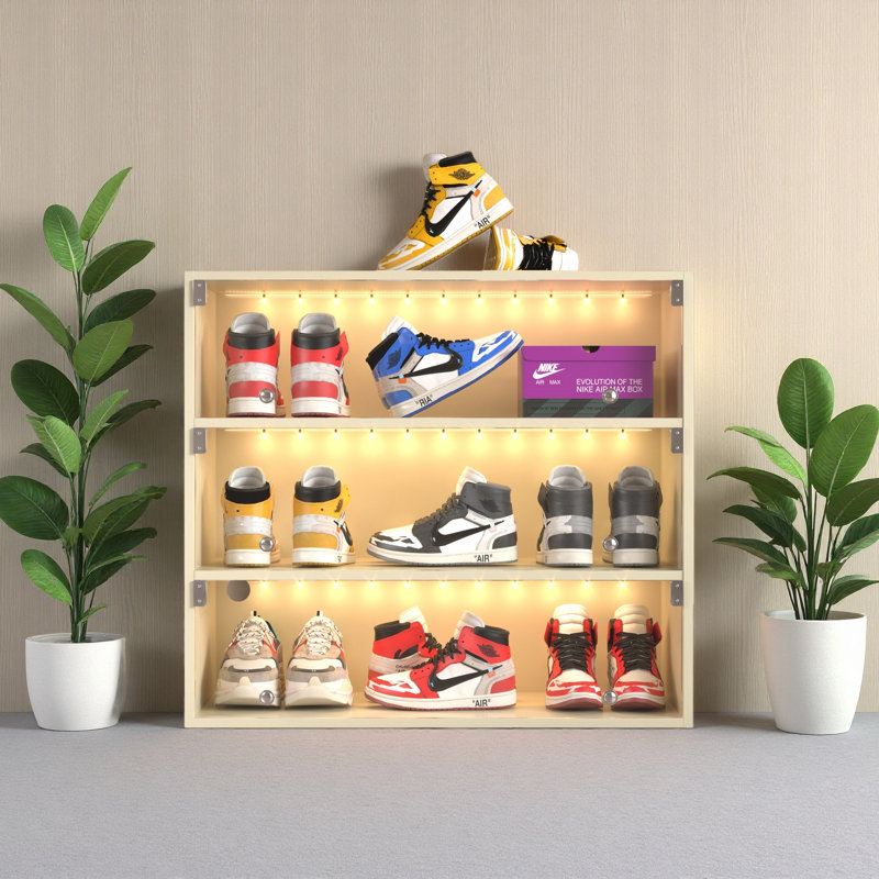LED Light Shoe Box Three Layers With Glass Doors, Beige