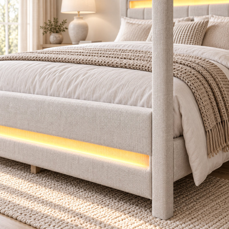 Lit plateforme Beigelora Queen Size à baldaquin capitonné beige avec cadre à quatre colonnes, tête de lit rembourrée en tissu, bandes DEL personnalisables intégrées à la tête et au pied de lit.