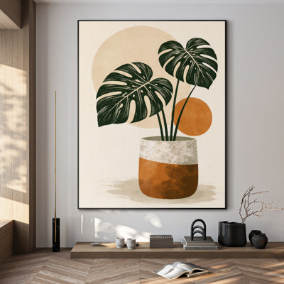 Extra Large Wall Art Fabric Print - Monstera Leaves in Ceramic Planter with Neutral Sun Discs for Living Room - "Frame Assembly Required (Unfinished Frame)"