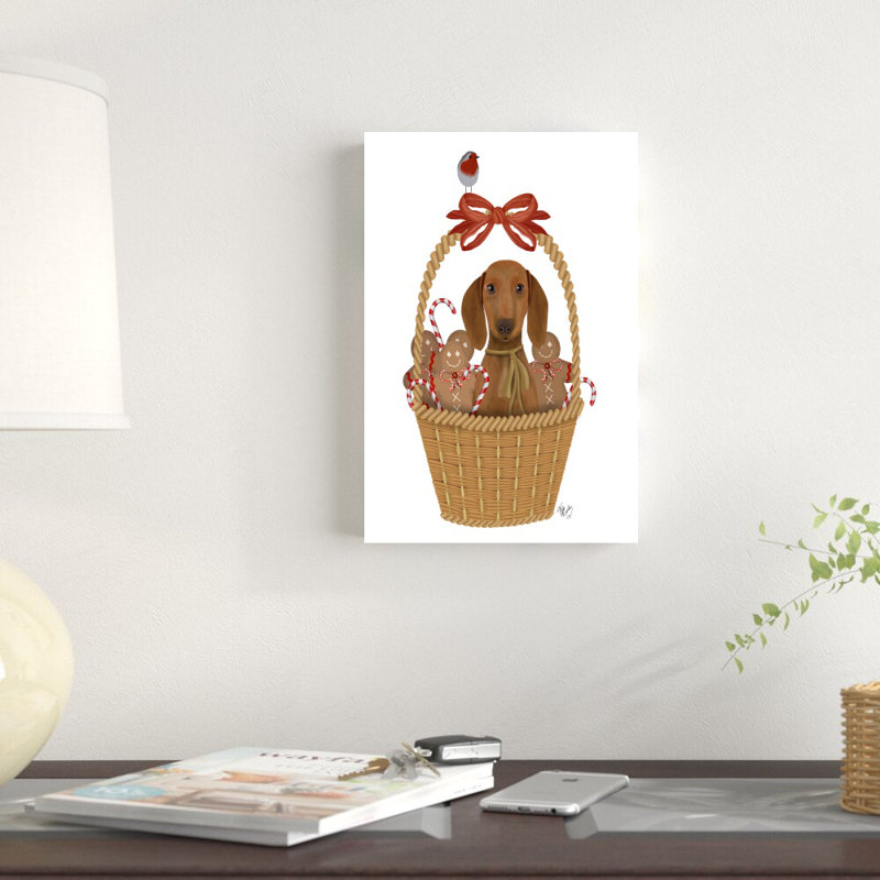 «Christmas Des - Dog In Basket With Gingerbread Men» par Fab Funky - impression sur toile tendue, H 12 po x l 8 po
