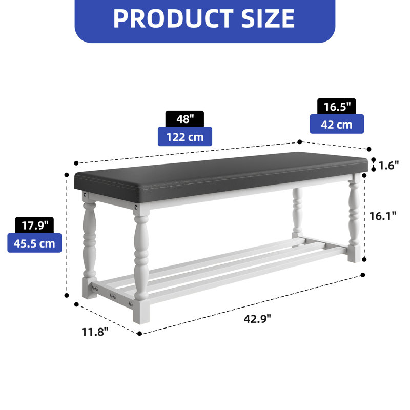 48-Inch Roman Inspired Shoe Bench With Cushion And Storage Shelves, White