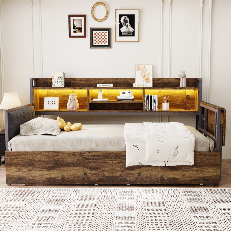 Metal Storage Bed With LED Lighting And Drawers, Brown
