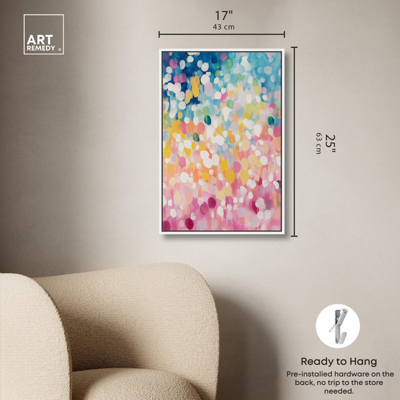 «Joyful Rainfall I», toile de couleur moderne abstraite par Art Remedy, Cadre blanc, H 25 po x l 17 po x P 1,2 po