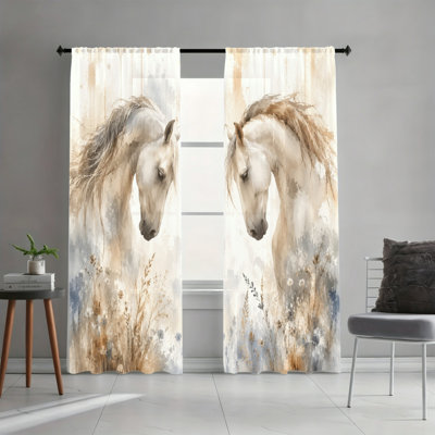 2 panneaux de rideaux filtrant la lumière, aquarelle, cheval, fleurs sauvages, prairie, ferme, reproduction d'art, décoration facile avec passe-tringle, rideaux de fenêtre toutes saisons pour le salon