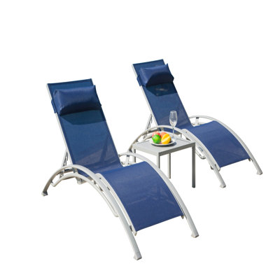 Outdoor Chaise Lounge Chairs  3  - Blue Adjustable Aluminum Chaises 5 Positions, Quick-Drying Fabric And Metal Side Table For Lawn 3 Poolside Chair With Deck Backyard Lightweight