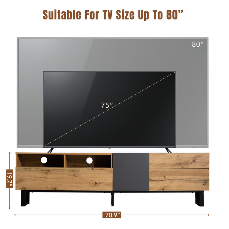 Meuble audio-vidéo moderne et console multimédia, meuble télé pour téléviseur de 80 pouces avec double espace de rangement et porte rabattable pour le salon, la chambre à coucher ou le cinéma maison | Idée de cadeau