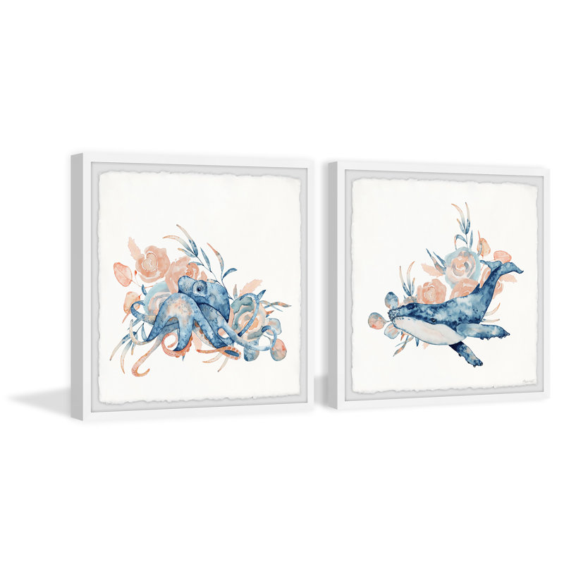 Octopus And Whale by Marmont Hill - 2 Piece Single Picture Frame Painting Set, 30cm H x 30cm W x 3.81cm D