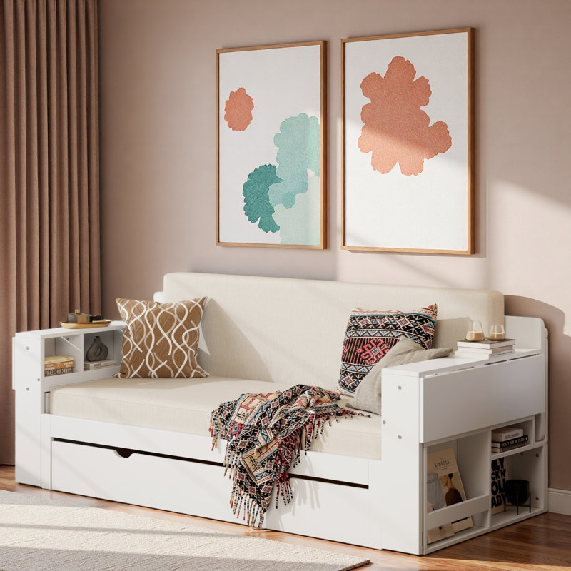 Lit de jour multifonctionnel avec tiroir de rangement, compartiments ouverts et table d'appoint hydraulique, Blanc, Grand lit