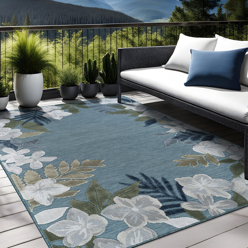 Tapis floral d'intérieur pour l'extérieur, Aqua, Rectangle 6' x 9'