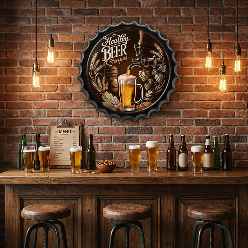 Bouteille de bière, bouchon de bouteille, plaque métallique, plaque murale décorative rétro, 13,8 x 13,8 pouces