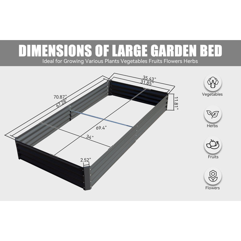 Lit de jardin surélevé en métal Sacia, H 11,81 po x l 70,87 po x P 35,43 po, Gris