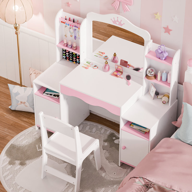 Kids Vanity Set With Stool And Mirror, White/Pink