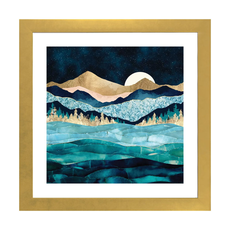Midnight Ocean - impression d'art graphique, Blanc, Papier encadré doré, H 16 po x l 16 po x p 1 po