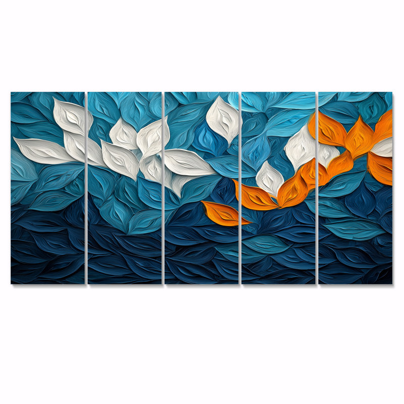 «Botanical Leaves Harmony Into The Ocean I» - Art mural feuilles - Art mural traditionnel sur toile, H 32 po x l 80 po, 5