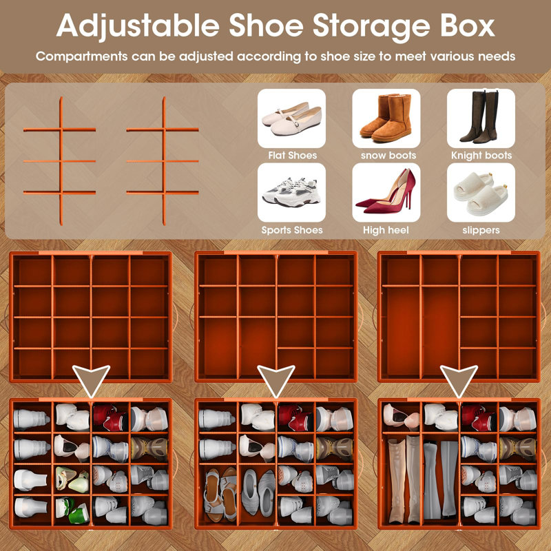 Large Orange Shoe Organizer Box with Clear Cover and Adjustable Dividers