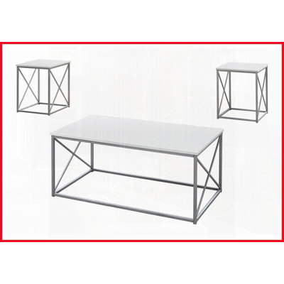 Ensemble de tables basses contemporaines en stratifié blanc avec 2 tables de bout, structure en métal gris robuste pour le salon