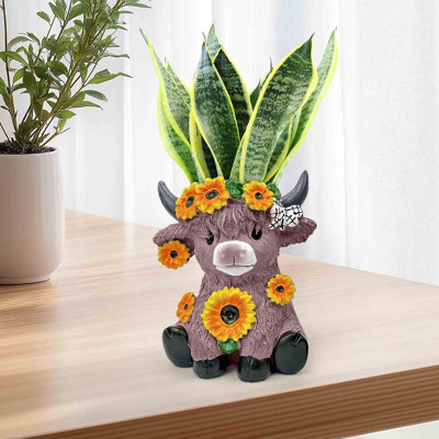 Cow Figurines Spring Sunflower  Cow Resin Flowerpot Calf Lovers Gifts For Summer Home Garden Kitchen Office