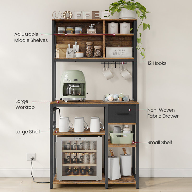 31.5“W 71"H Coffee Bar With Adjustable Storage Shelves, Brown/Black