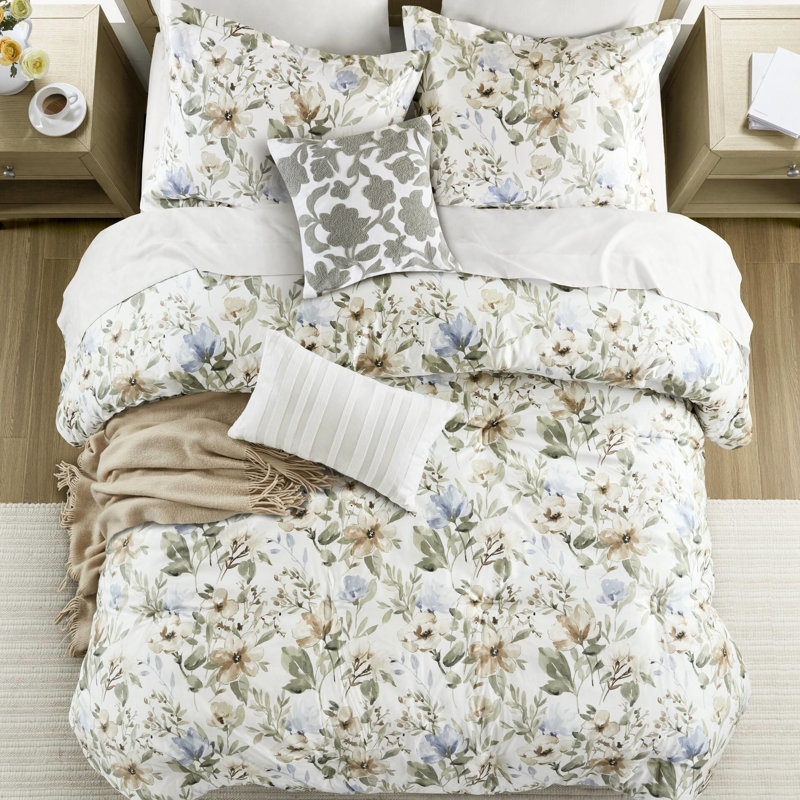 6 pièces d'édredon floral en coton grand avec taies décoratives et jupe de lit, rembourrage en polyester 300 g / m², doux, imprimé, taies décoratives, rembourrage,