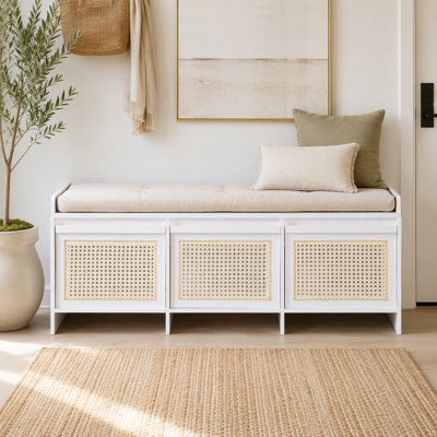 48" Entryway Shoe Bench, Retro Storage Bench with Rattan Drawers & Removable Button鈥慣ufted Upholstered Cushion