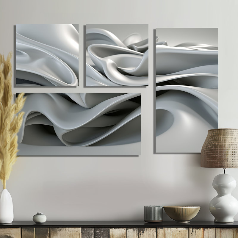 Gris infini ondulations - art mural moderne 4 pièces, Impression encadrée sans passe-partout, Noir