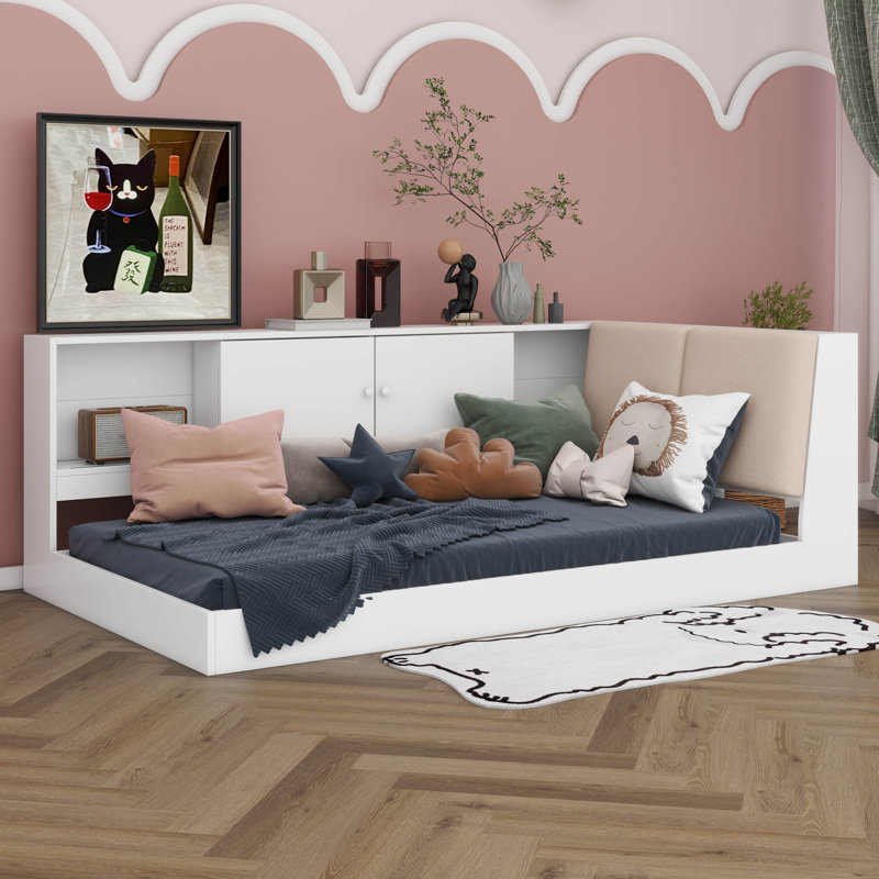 Twin Size Daybed Bed With Storage Bookcase And Upholstered Storage Headboard, Floor Bed With Charging Station, White