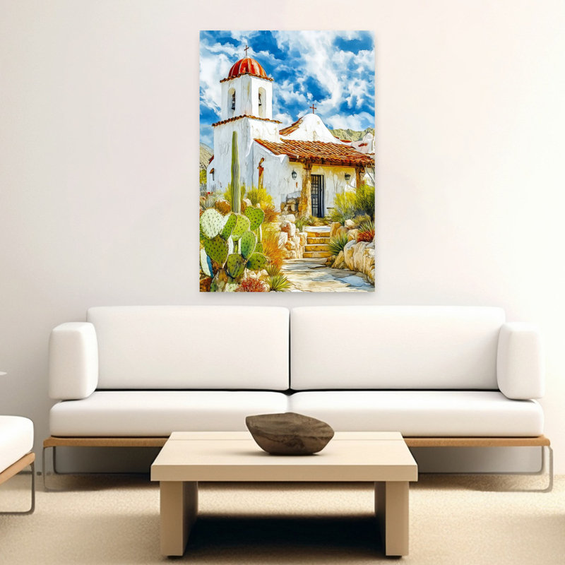 Tranquil Adobe Mission Rustic Tranquil Abstract Cactus Architecture Landscape Wall Art Print 1 Piece Wrapped Canvas Wall Art