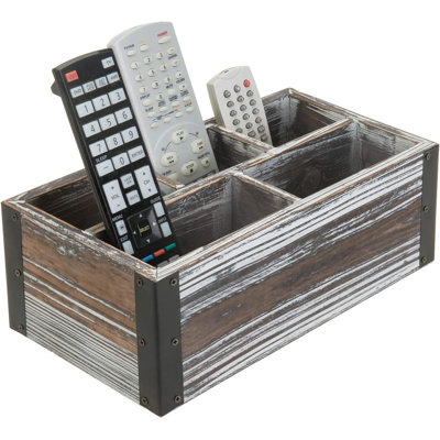 Rustic Torched Wood 5-Compartment Remote Control Holder, Media Storage Organizer Caddy