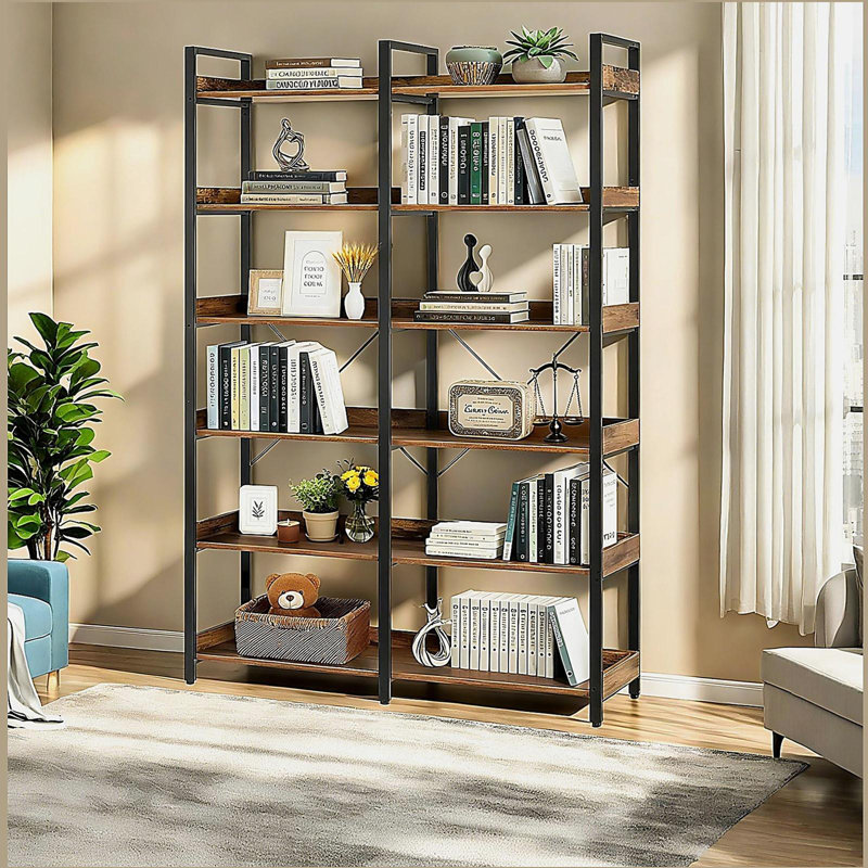 6-Tier Wooden Bookshelf with Open Shelves, Modern Metal Frame Bookcase for Storage and Display
