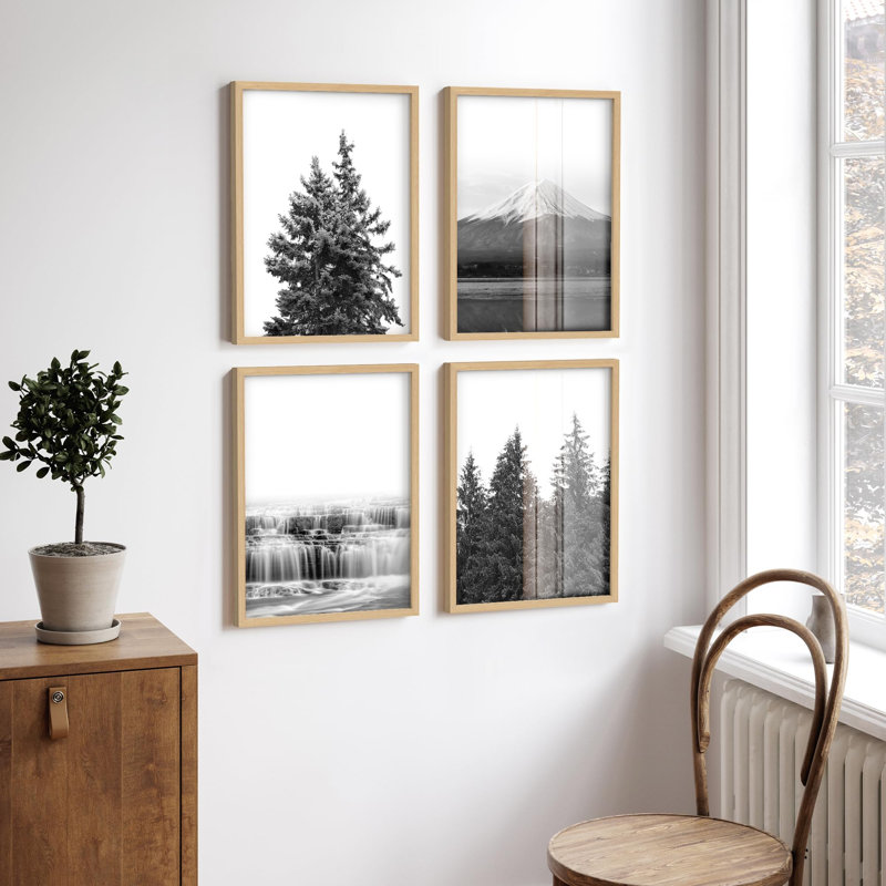 "Noir et blanc, photographie de nature, arbres, montagnes, cascade, décor moderne", 4 pièces, H 10 po x l 8 po, Or