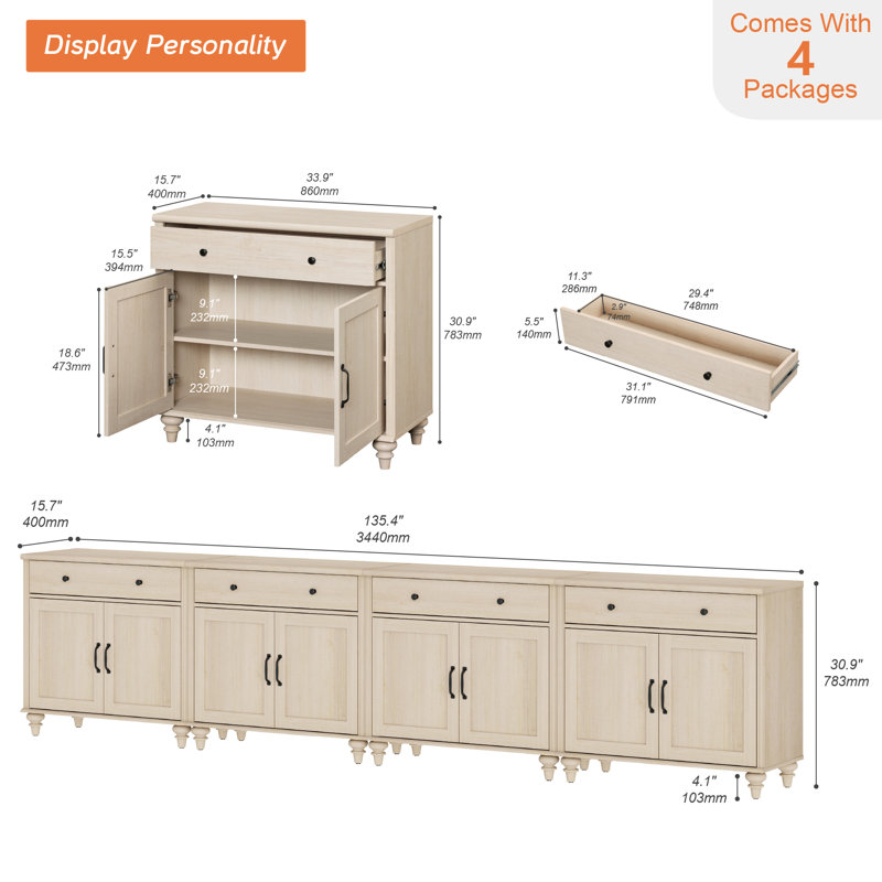 Buffet 135,4 po Scarlett, chêne clair Scarlett, Beige