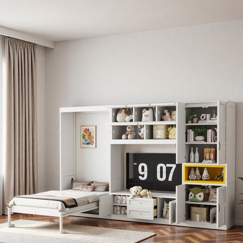 Lit escamotable avec meuble télé, 2 tiroirs et espace de rangement, Blanc