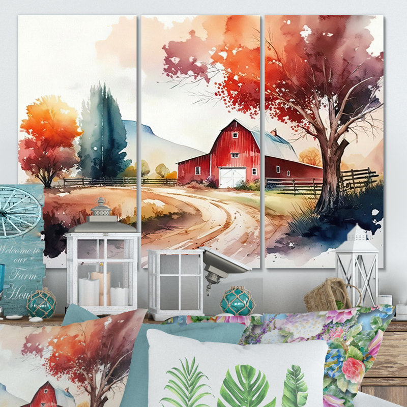 Calm Red Barn In Spring VII - 3 pièces sur toile, H 32 po x l 48 po x P 1 po, Toile tendue