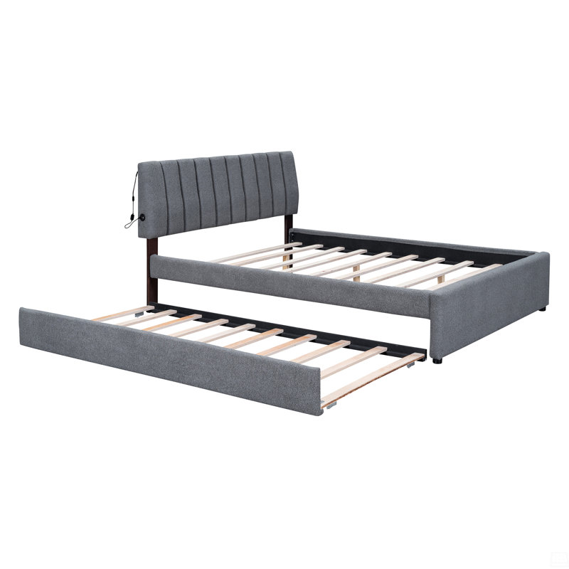 Lit plateforme tapissier grand avec lit gigogne simple Teddy, Gris, Queen