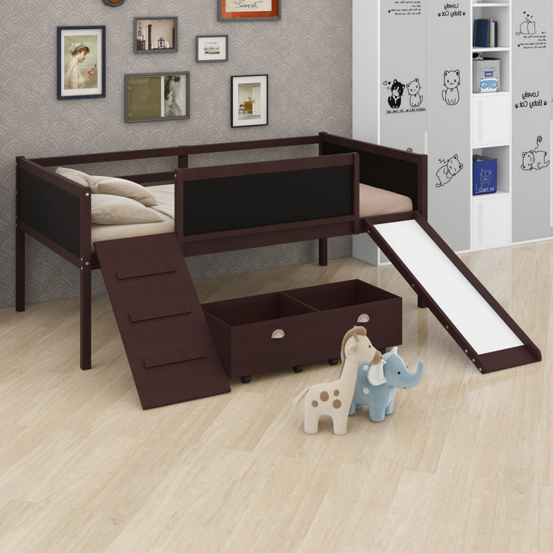 Loft Bed Wood Frame Featuring Two Built-in Storage Boxes, Perfect for Kids and Teens, Espresso