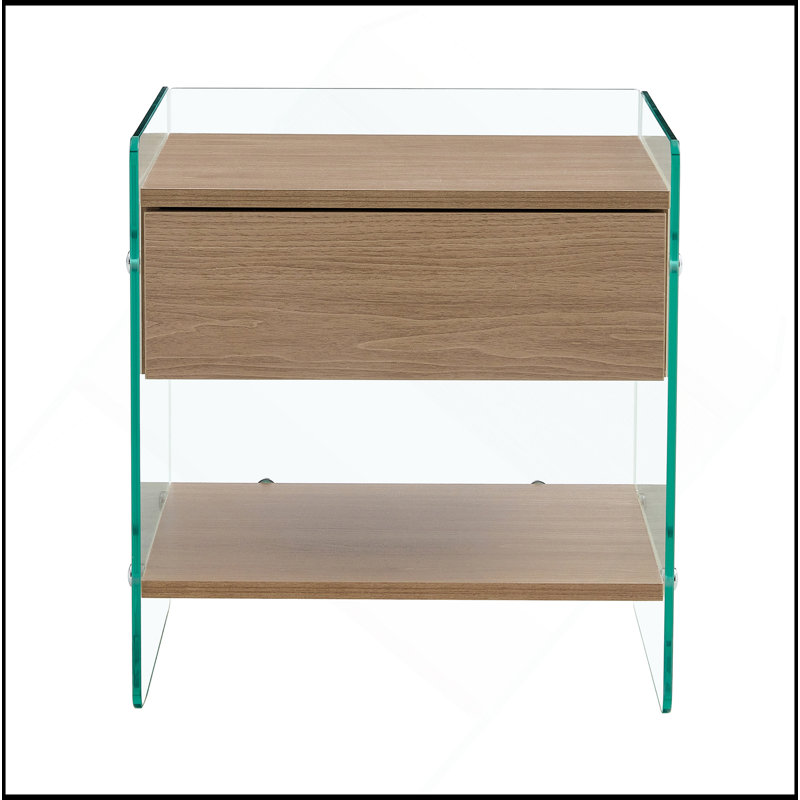 Table de chevet avec tiroirs. La surface de la planche est un autocollant en panneau de fibres à densité moyenne et les deux côtés sont en verre trempé transparent. La conception est simple et élégante, avec d'excellentes fonctions de rangement.