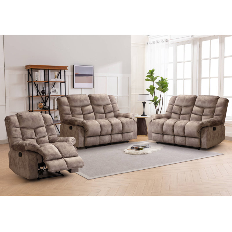 Ensemble de meubles de salon inclinables 3 pièces avec fauteuil inclinable et causeuse double, Brun