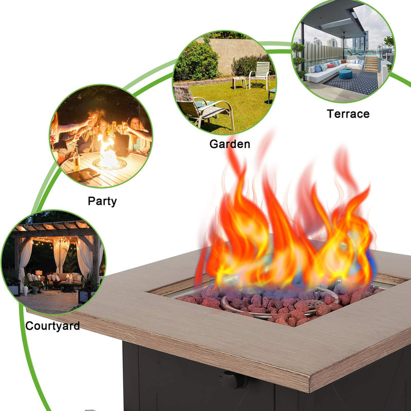 28Inch Outdoor Gas Fire Pit Table, 48000 . Square Propane Patio With . Bionic Wood Grain Lid. Great For Enhancing Your Backyard, Garden, Party, Deck And Courtyard. Brown Steel. 28.27 In. Depth/Width,