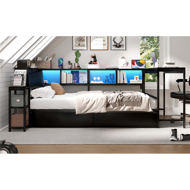 Cadre de lit d'angle avec tablettes intégrées, tiroirs de rangement doubles, éclairage à DEL réglable et station de charge multi-ports pour les chambres modernes.