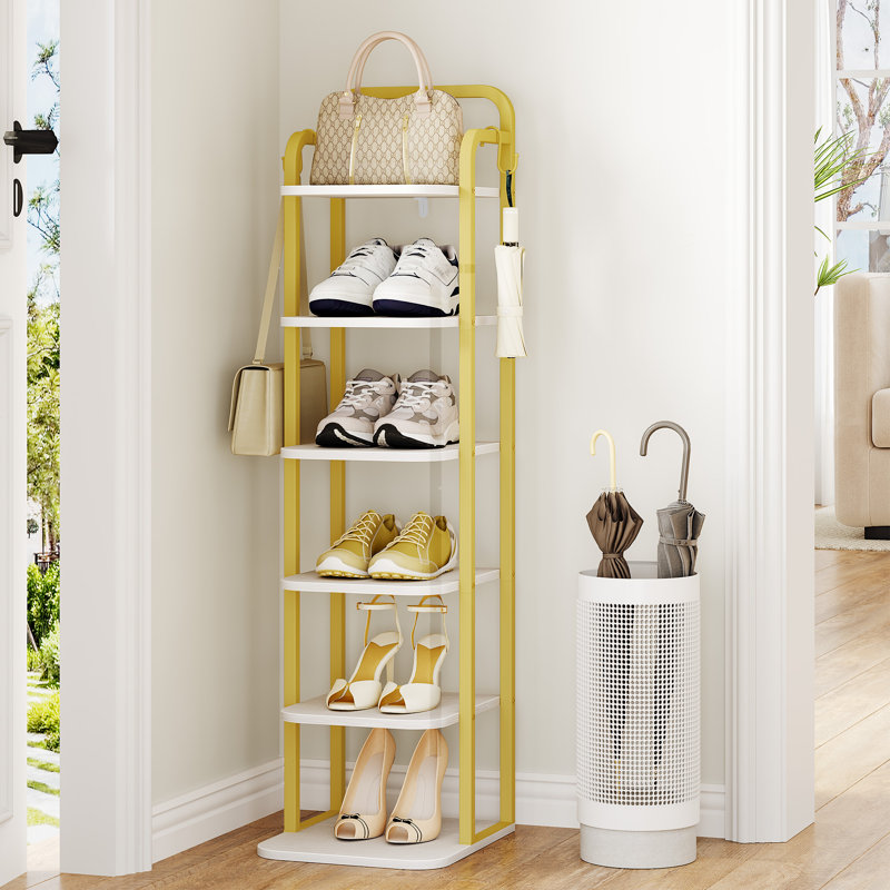 Vertical Shoe Rack, Narrow Shoe Tower, Tall Shoes Shelf with 2 Hooks, Adjustable Shelves, Corner Shoes Shelves for Small Spaces, Entryway, Living Room, White