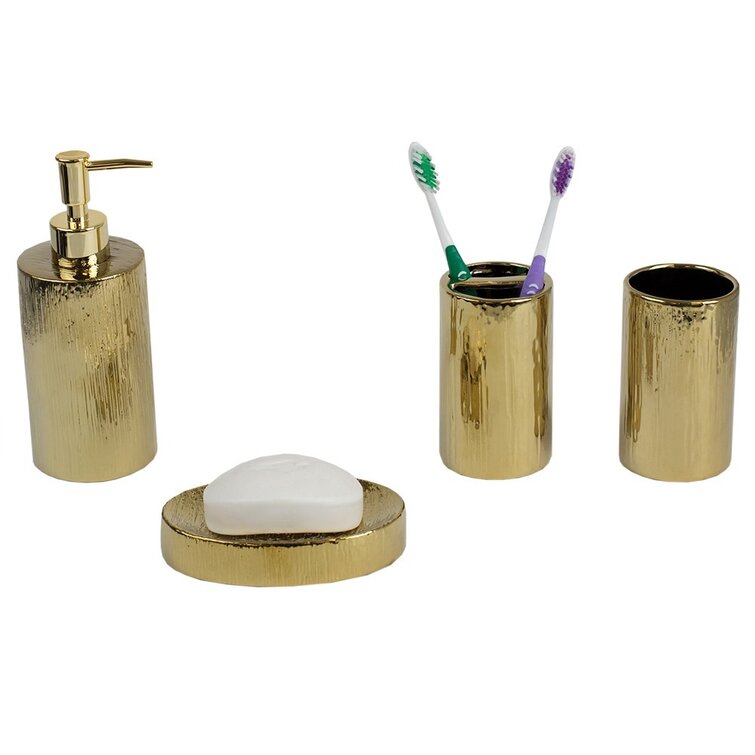 4 Piece Ceramic Luxury Bath Accessory Set with Stunning Sequin Accents,  White, BATH ORGANIZATION