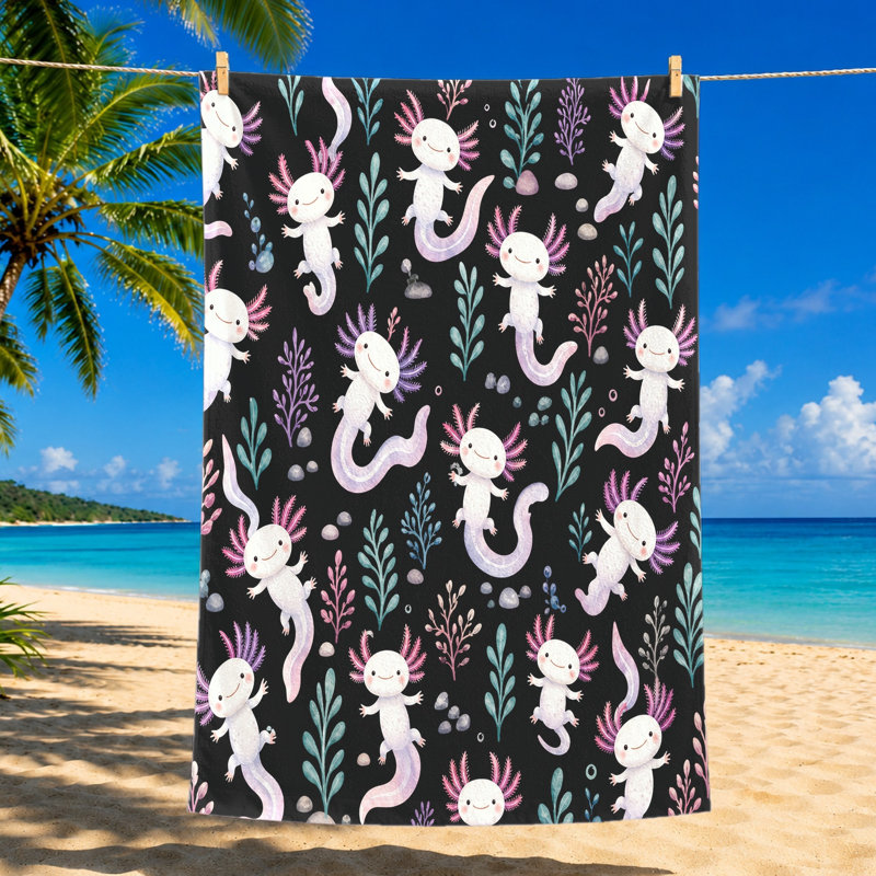 1Pièce serviette de plage Axolotl mignonne, avec des axolotls à l'aquarelle et des éléments botaniques sur fond noir. Grande microfibre, parfaite pour la natation, les voyages, le camping et le unisexe.