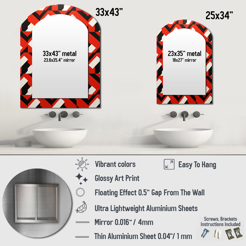 Retro Pattern In Geometric Red White And Black - Midcentury Modern Asymmetrical Unique Wall Mirror, Modern Arch Mirror, Printed Metal Art
