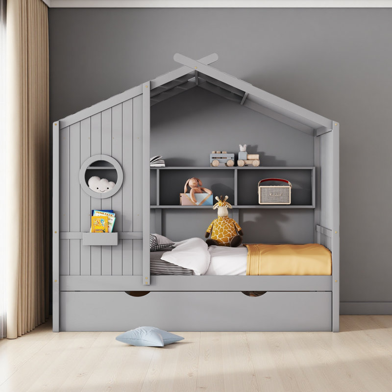 Lit maison avec lit gigogne, conception moderne pour enfants avec tablette de rangement, Lit double, Gris