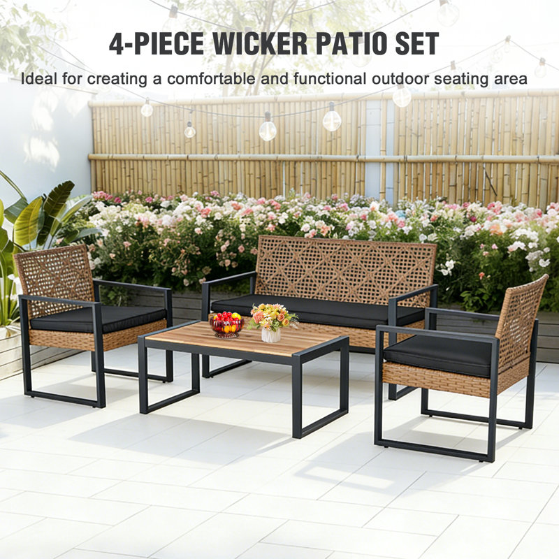 4 - Person Patio Wicker Conversation Sets with Cushions, Black Cushion/Brown Frame