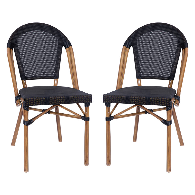 Black and Natural Armless Stacking Bistro Chairs with Metal Frame, Set of 2
