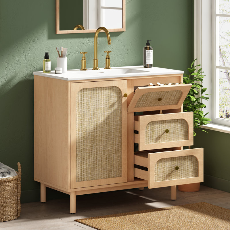 Meuble-lavabo moderne Driftwood de 91 cm de large avec lavabo en résine SMC, portes incrustées en rotin et rangements multizones pour une salle de bain digne d'un spa.