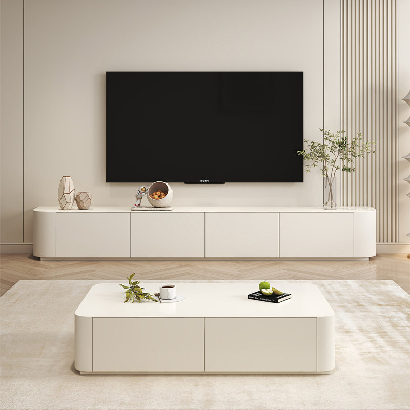Meuble télé en bois massif blanc crème, panneaux multicouches laqués, 240 cm (94,49 po).